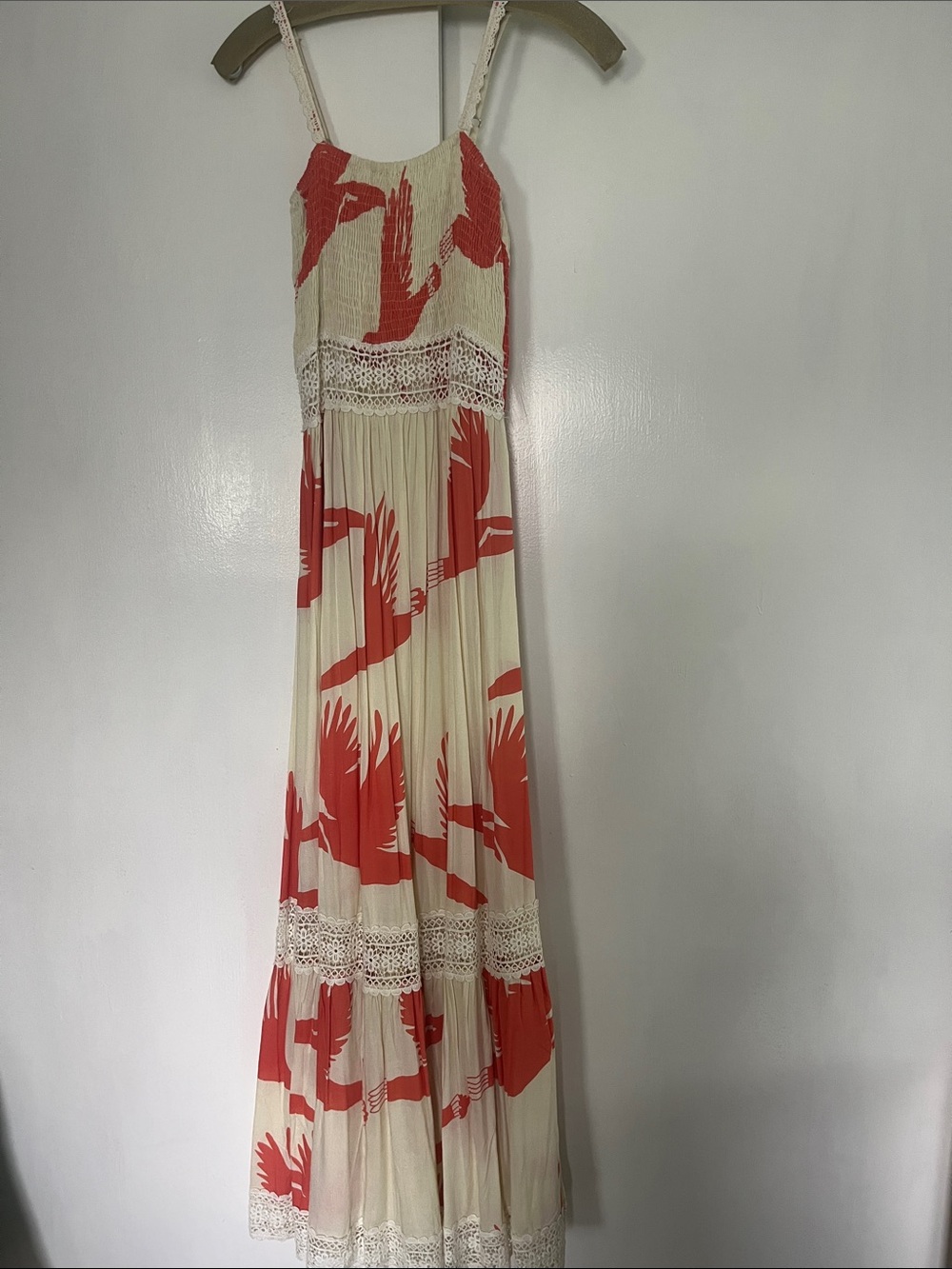 Cream Maxi Dress with Coral Bird Print